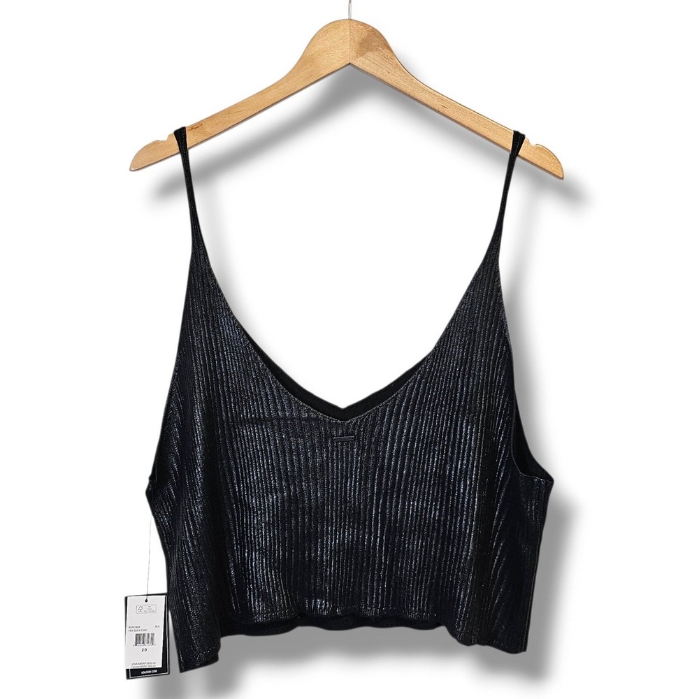 Volcom Hey Slick Cami 20 Womens Black Ribbed Metallic Crop Grunge Edgy Goth NEW